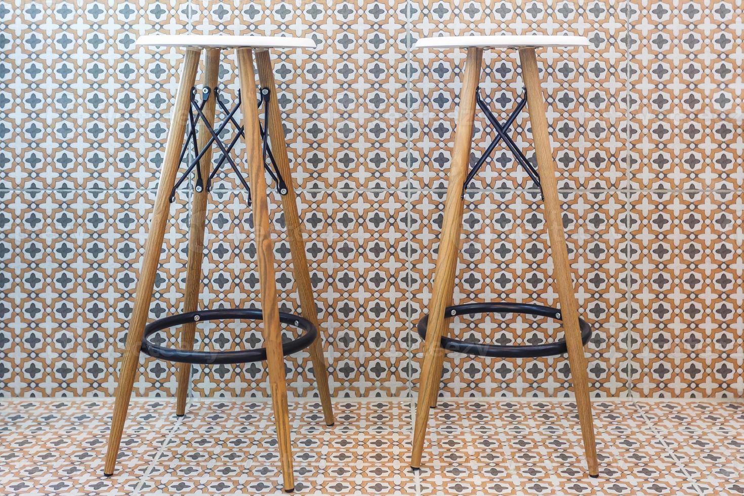 two bar stools stand against a wall in a cafe photo