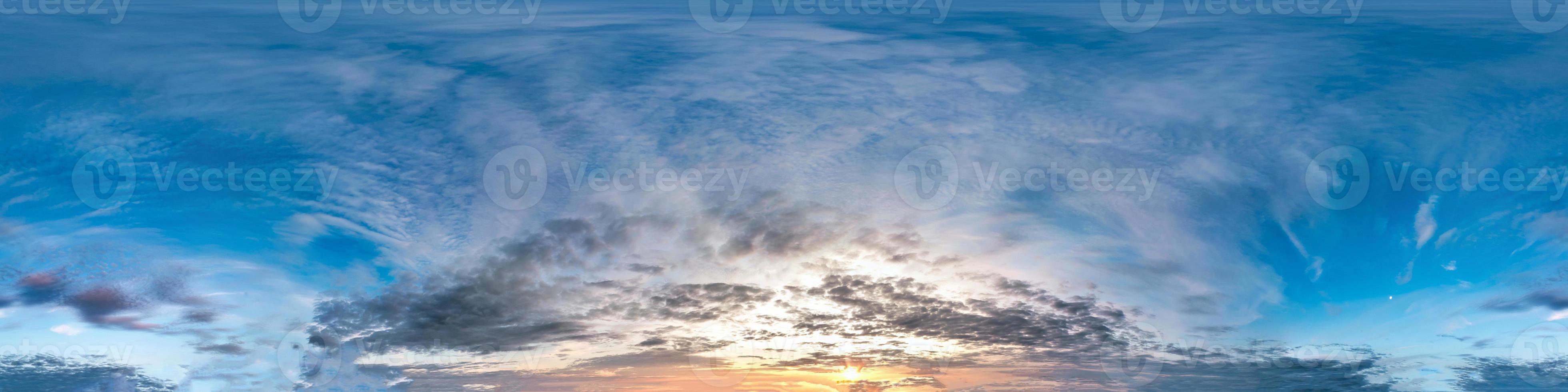 Seamless cloudy blue sky hdri panorama 360 degrees angle view with zenith and beautiful clouds for use in 3d graphics as sky dome or edit drone shot photo