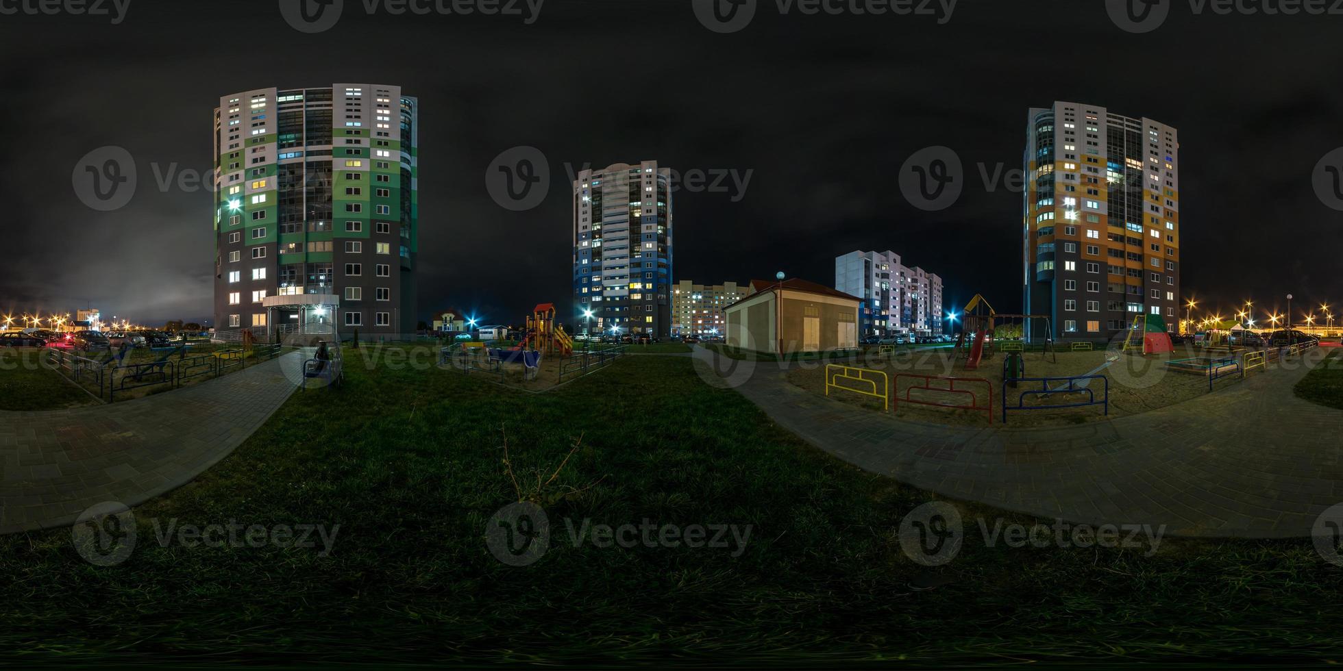 full seamless spherical hdri night panorama 360 degrees angle view light in windows of multistory building area of urban development residential quarter in equirectangular projection, AR VR content photo