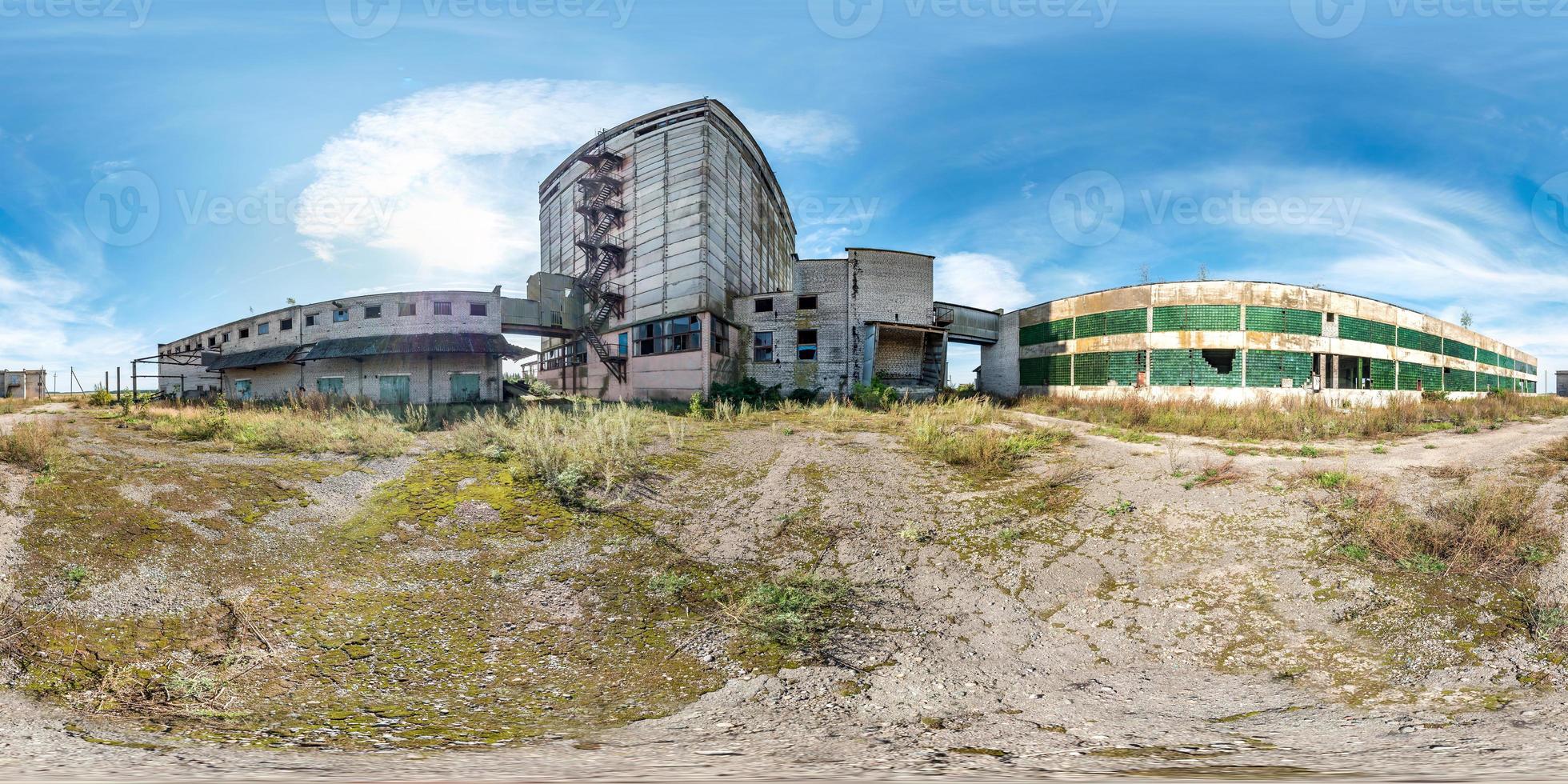 full seamless spherical hdri panorama 360 degrees angle view near abandoned ruined factory in equirectangular projection, VR AR virtual reality content. Building of agricultural elevator photo