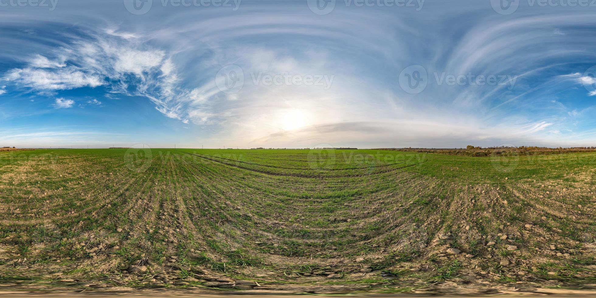 full seamless spherical hdri panorama 360 degrees angle view among fields in autumn sunny day with awesome clouds in equirectangular projection with zenith and nadir, ready for VR AR virtual reality photo