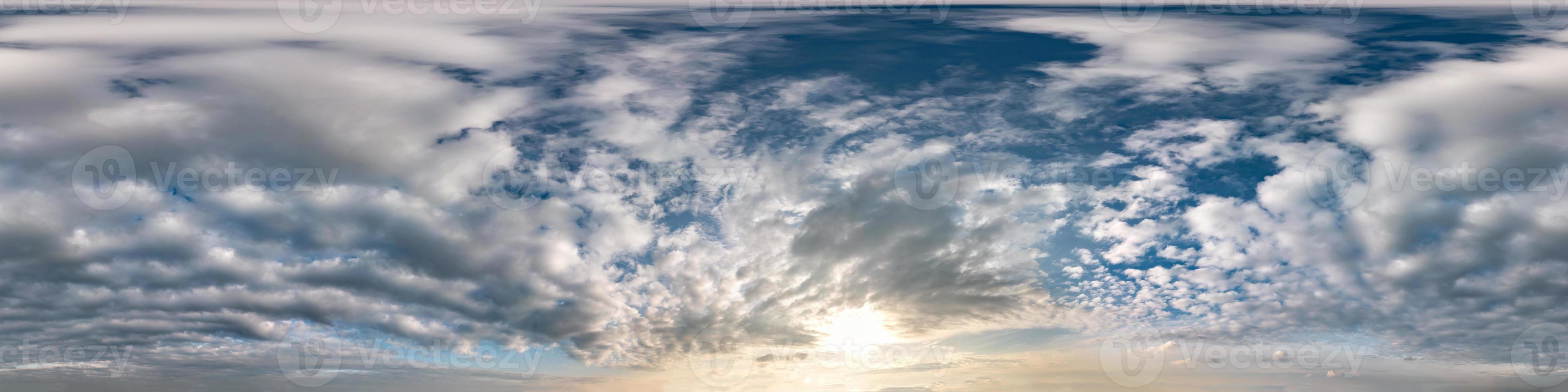 blue sky with beautiful cumulus clouds. Seamless hdri panorama 360 degrees angle view with zenith for use in 3d graphics or game development as sky dome or edit drone shot photo