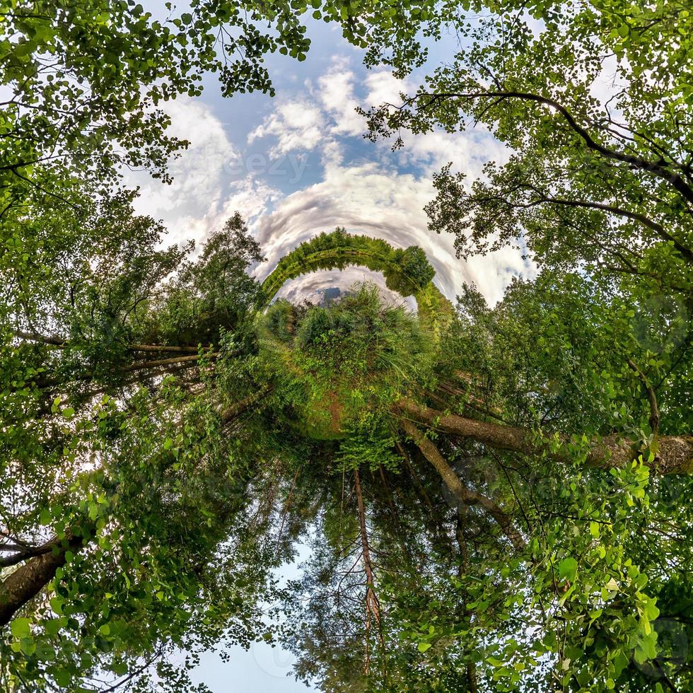 Little planet transformation of spherical panorama 360 degrees. Spherical abstract aerial view in field with awesome beautiful clouds. Curvature of space. photo