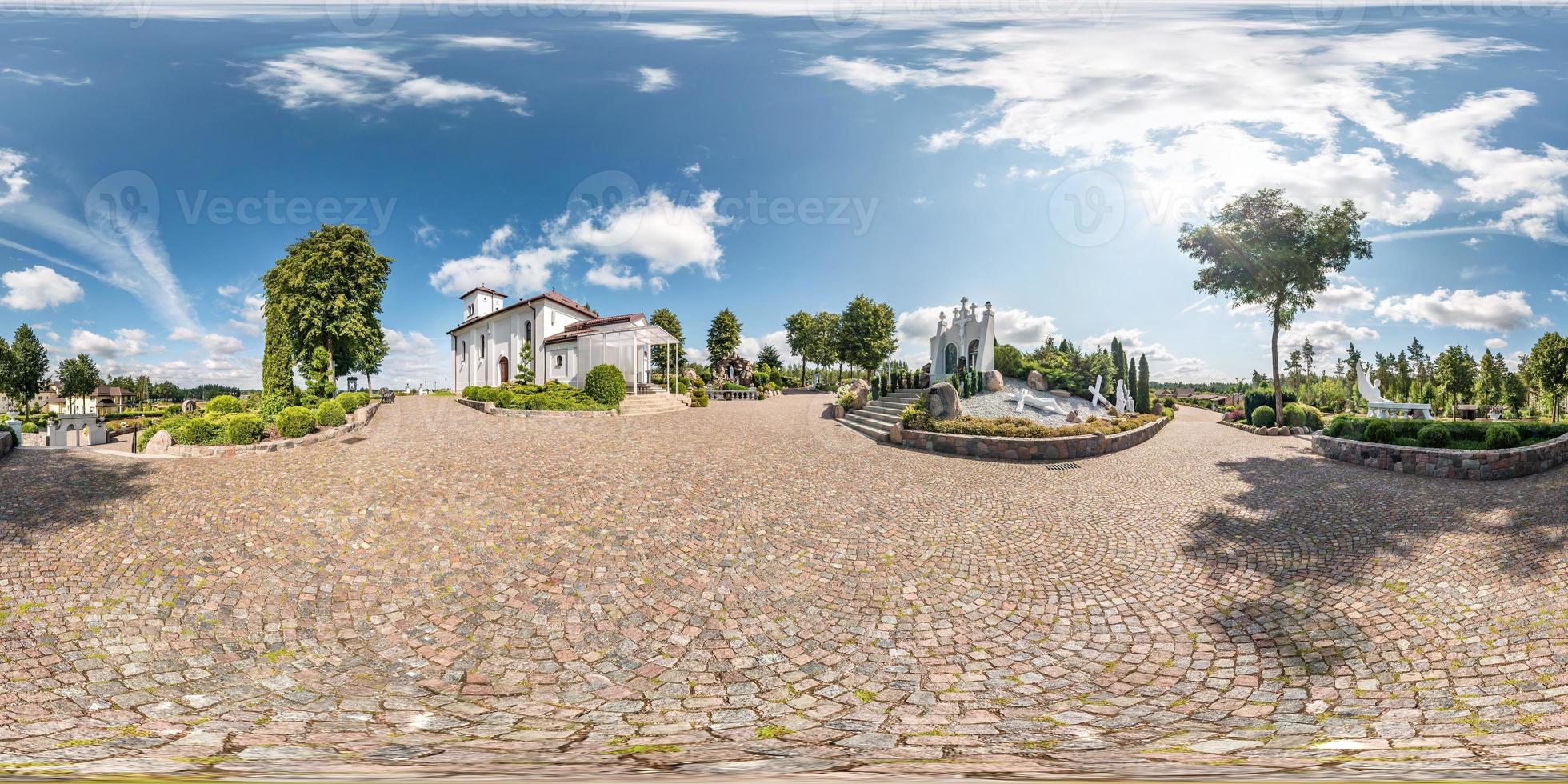 full seamless spherical hdri panorama 360 degrees angle view near holy spring with concrete stairs and sculpture of angels in equirectangular projection, AR VR content photo