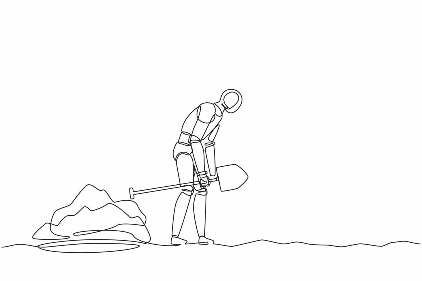 robot de dibujo de una sola línea que camina inestablemente dejando un agujero excavado arrastrando una pala. tecnología del futuro. Inteligencia artificial y aprendizaje automático. ilustración de vector gráfico de diseño de línea continua