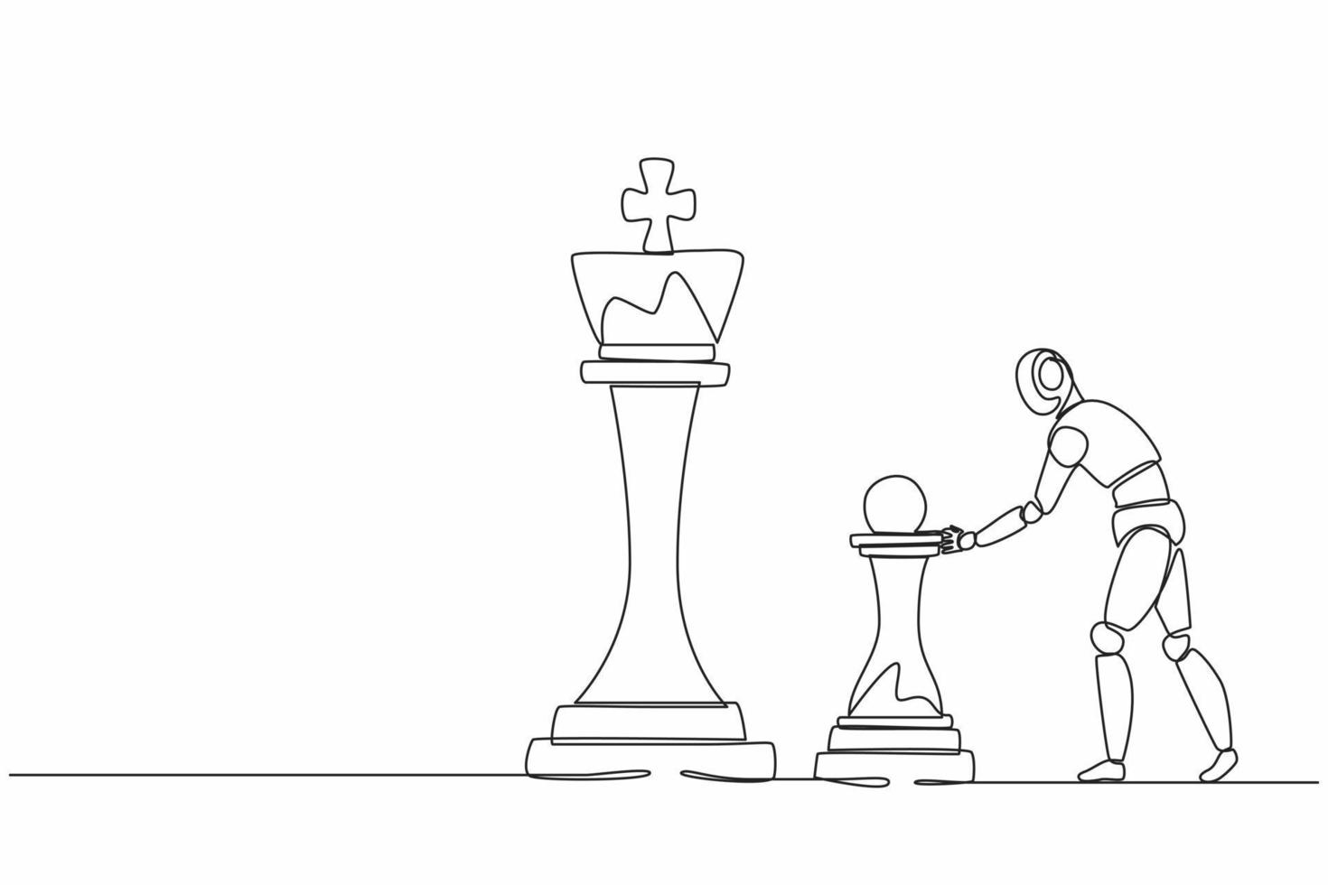 Single continuous line drawing robots push huge pawn chess piece to take down king. Modern robotics artificial intelligence. Electronic technology industry. One line graphic design vector illustration