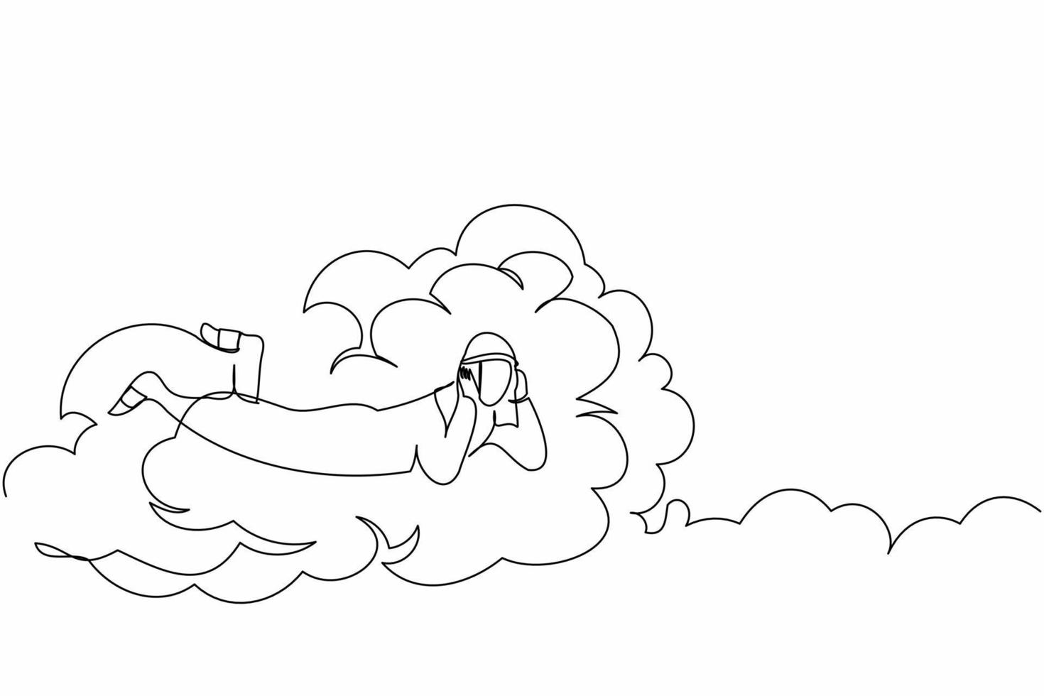 Single one line drawing Arab businessman lay on clouds and dreaming or thinking about new business project. Relaxes and resting worker concept. Continuous line draw design graphic vector illustration