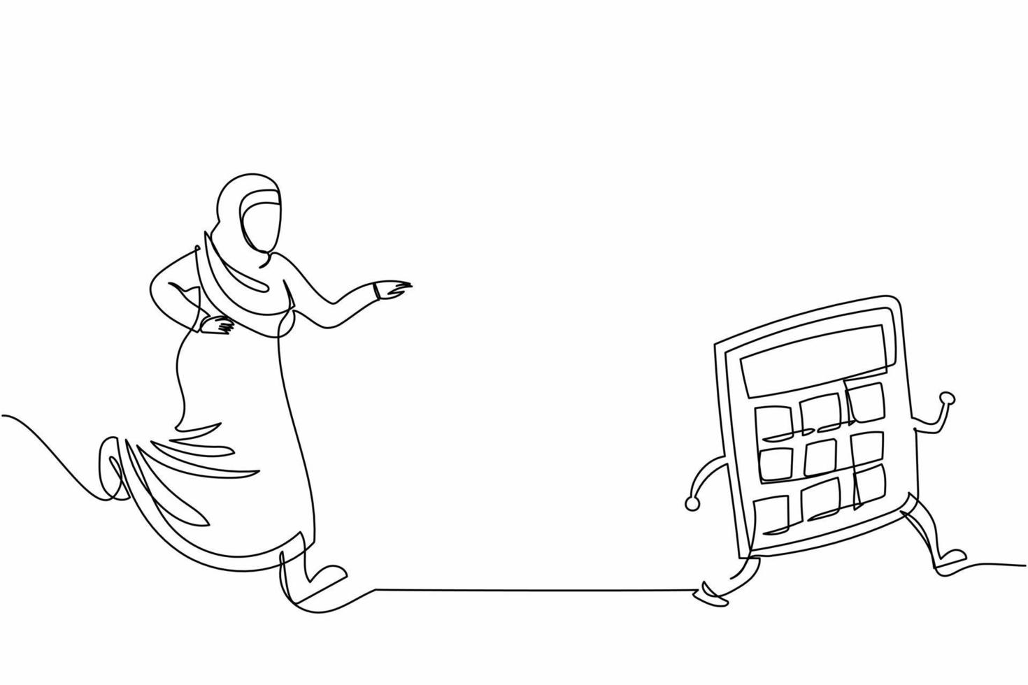 Single one line drawing Arab businesswoman chasing calculator. Equipment for accounting service, calculation of expenses, taxes, financial reporting. Continuous line design graphic vector illustration