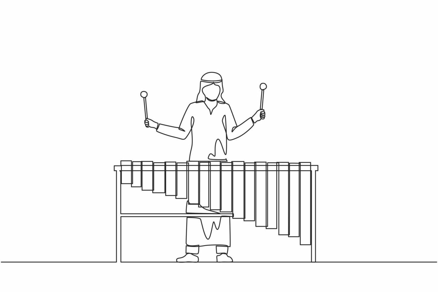 Single continuous line drawing Arab man percussion player play marimba. Male musician playing traditional Mexican marimba instrument at music festival. One line draw graphic design vector illustration