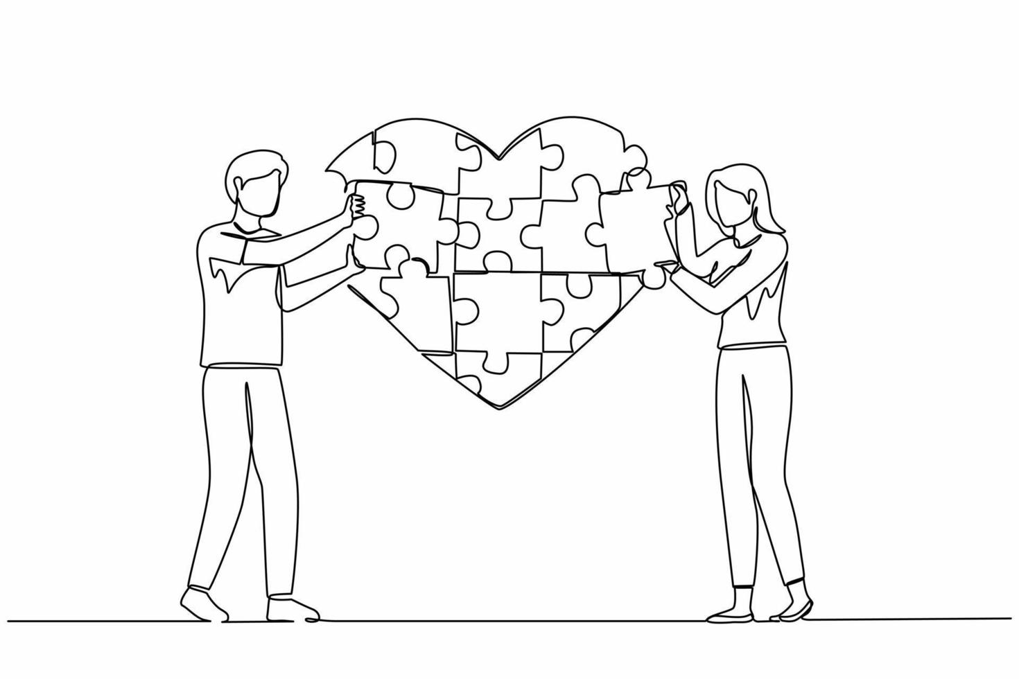 Single one line drawing young loving couple standing and forming huge heart puzzle from pieces together. Love togetherness and romance concept. Continuous line draw design graphic vector illustration