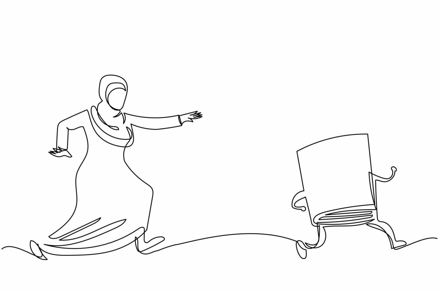 una sola línea continua dibujando una mujer de negocios árabe persiguiendo un libro de texto. programa de educación y aprendizaje para estudiantes. literatura, diccionarios, enciclopedia. ilustración de vector de diseño gráfico de dibujo de una línea