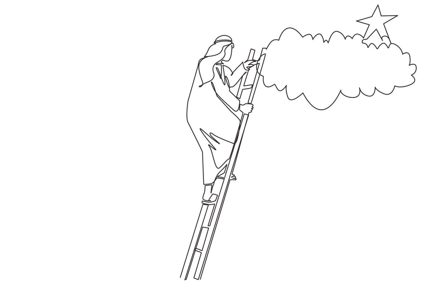 Continuous one line drawing Arab businessman climbing ladder to reach out for stars. Businessman climbing to goal. Motivation to be success, winner, finish, win. Single line draw design vector graphic