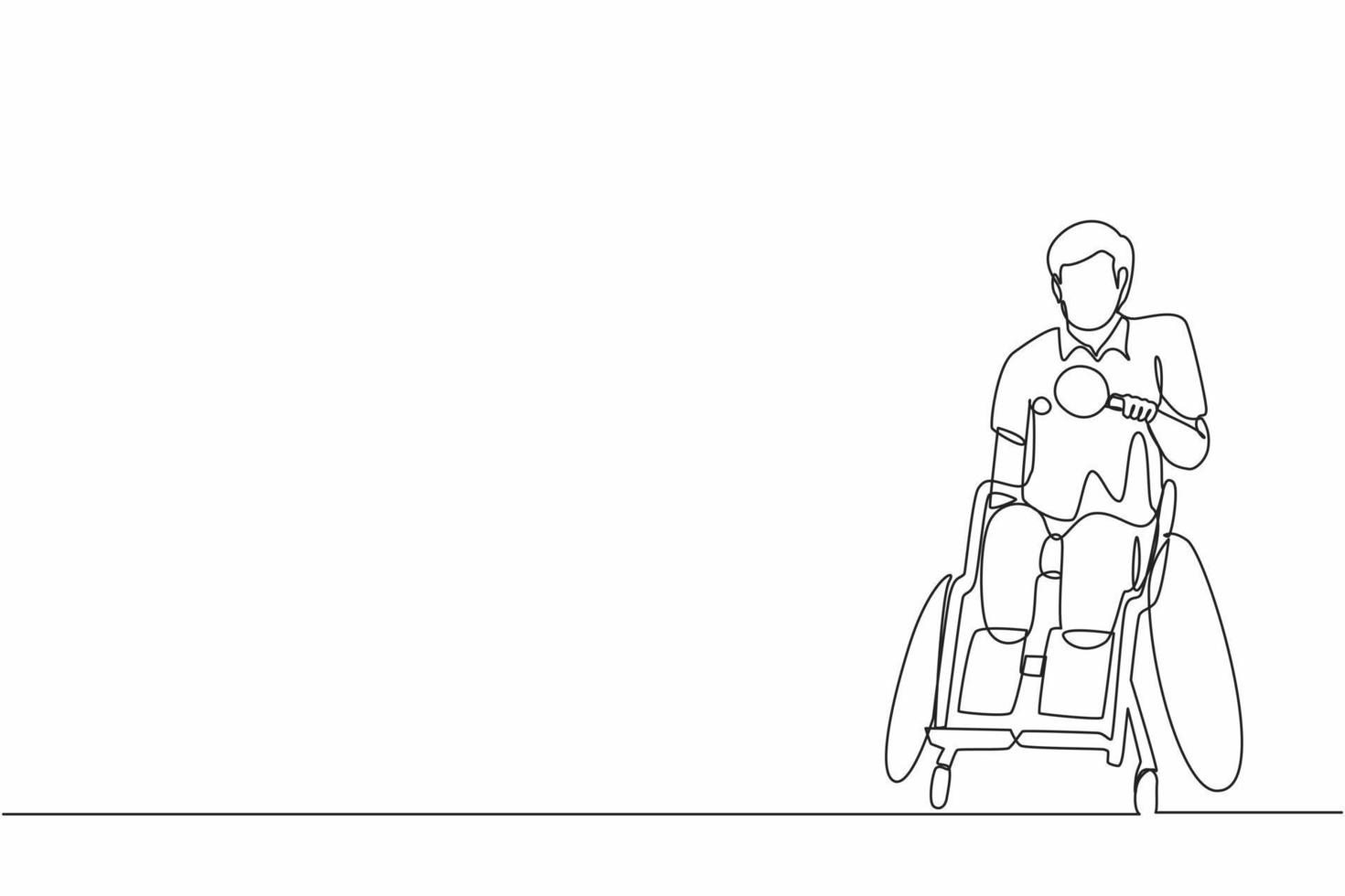 Single continuous line drawing disabled sportsman in wheelchair playing table tennis. Disability games championship. Hobbies, interests of people with disabilities. One line draw graphic design vector