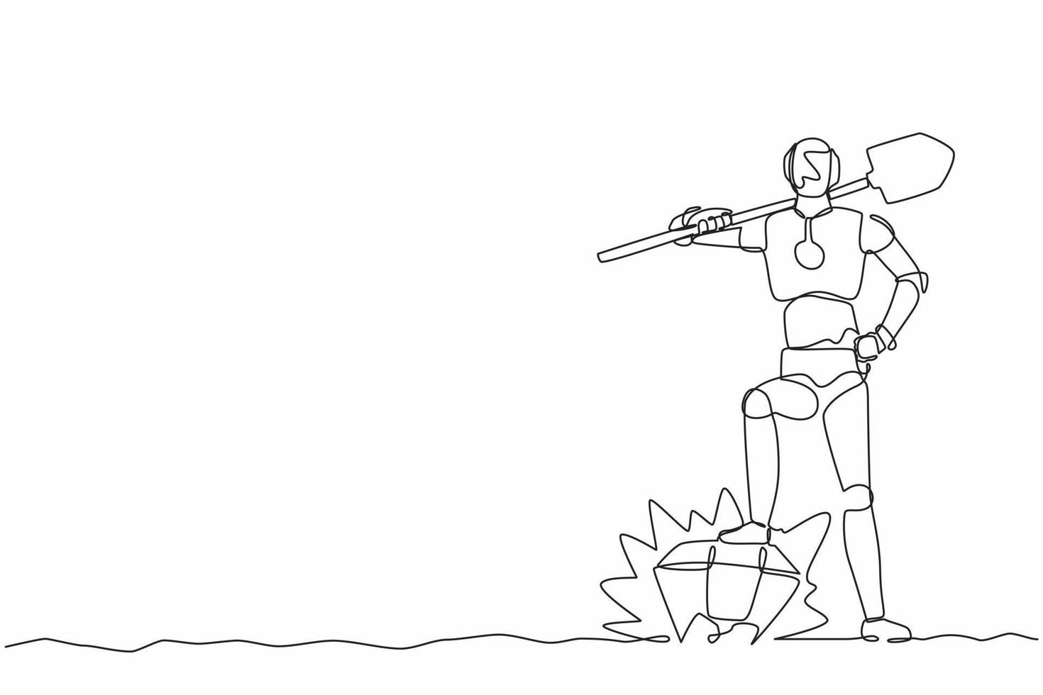 Single continuous line drawing robot digging ground with shovel finding big diamond. Robotic artificial intelligence. Electronic technology industry. One line draw graphic design vector illustration