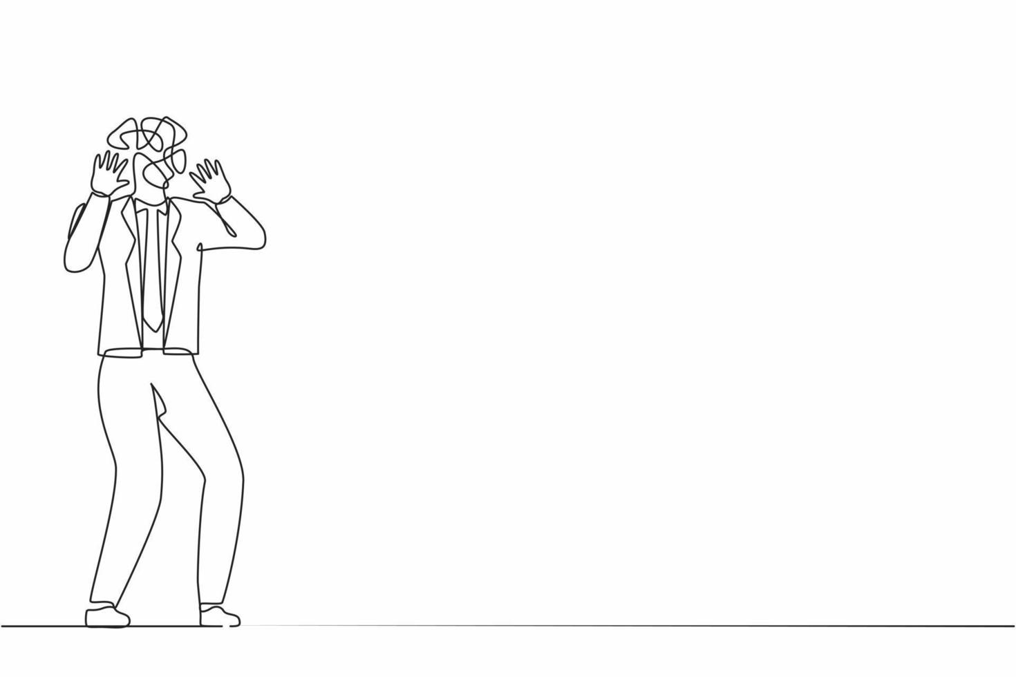 Single one line drawing businessman with round scribbles instead of head. Man shocked. Stop gesture with palm hands, shouting. Human emotions, expressions. Continuous line draw design graphic vector