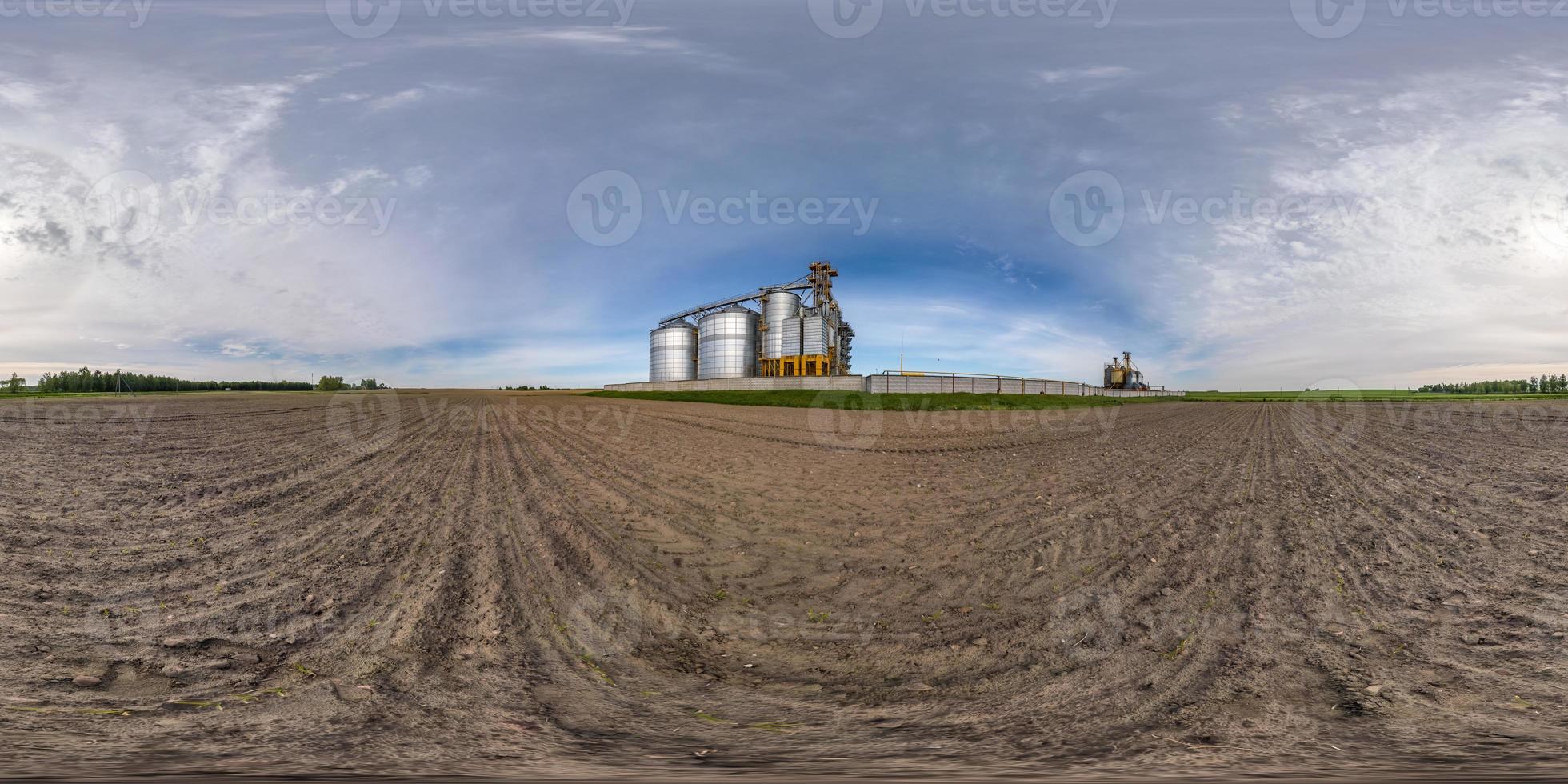 full seamless spherical hdri panorama 360 degrees angle view near silver silos for drying cleaning and storage of agricultural products  in equirectangular projection, ready for VR AR virtual reality photo