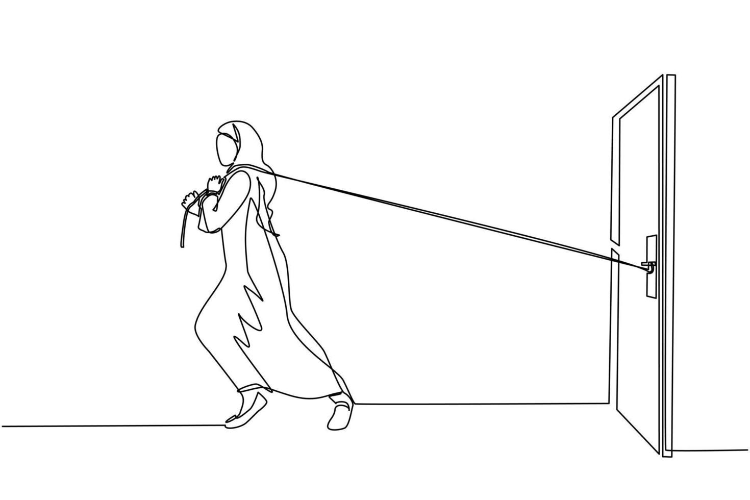 Single continuous line drawing Arab businesswoman trying hard to pulling rope to drag heavy door, metaphor to facing big problem. Business struggles. Strength for success. One line draw design vector