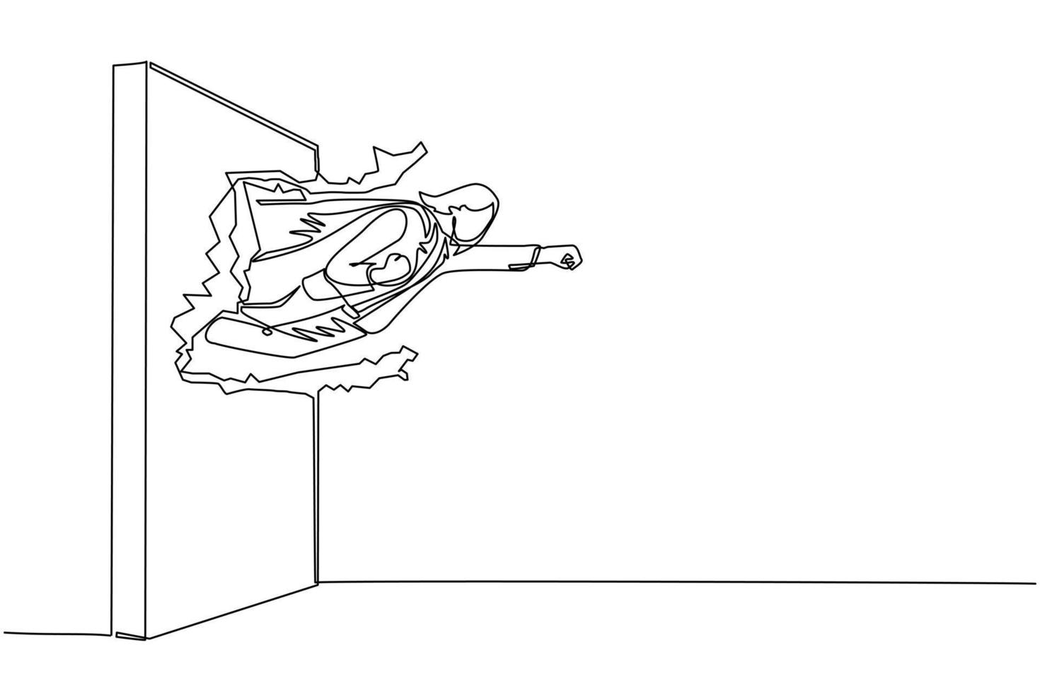 Single one line drawing super businesswoman punches and breaks wall. Flying man breaks the wall. Business concept power, success and overcome difficulties. Modern continuous line draw design vector
