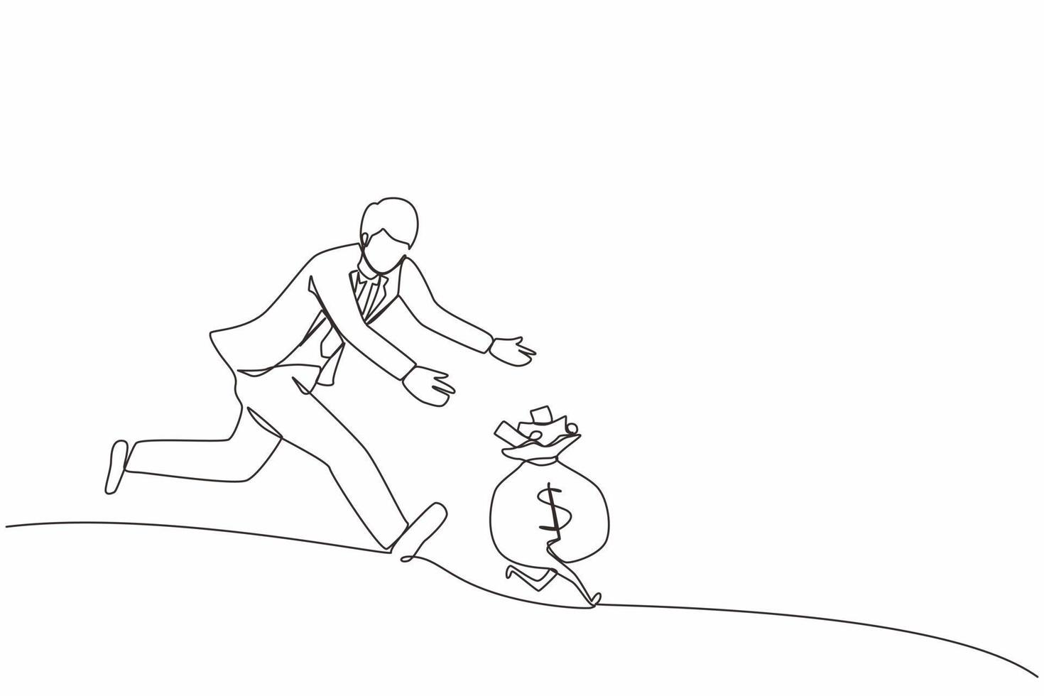 Single continuous line drawing businessman chasing money bag dollar run away. Concept of achieving goals and profits, striving for success, running for money. One line draw design vector illustration