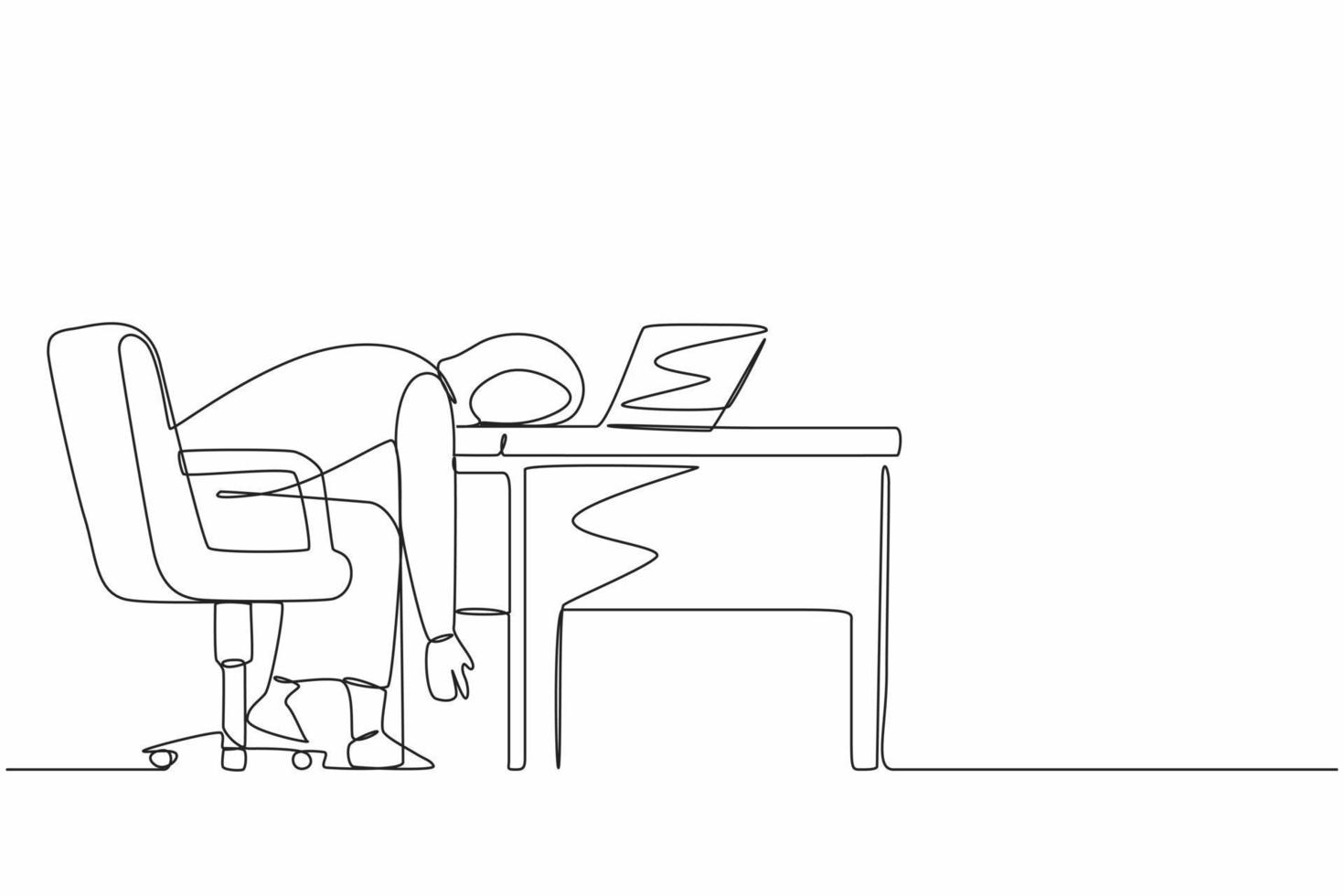 Single one line drawing professional burnout syndrome. Exhausted sick tired Arabic female manager in office sad boring sitting with head down on laptop. Continuous line draw design vector illustration