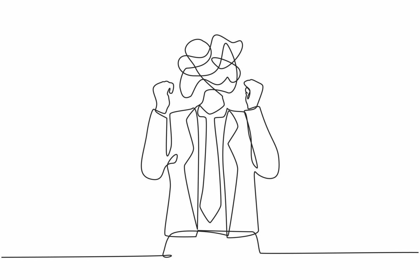 Single one line drawing businessman with round scribbles instead of a head. Angry man raised fist and shout or screaming expression. Man expresses negative emotions. Continuous line draw design vector