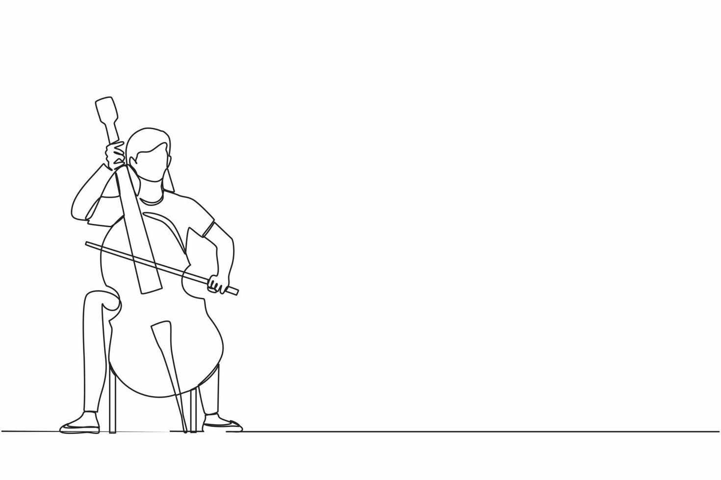Single continuous line drawing young female performer playing on contrabass. Cellist woman playing cello, musician playing classical music instrument. One line draw graphic design vector illustration