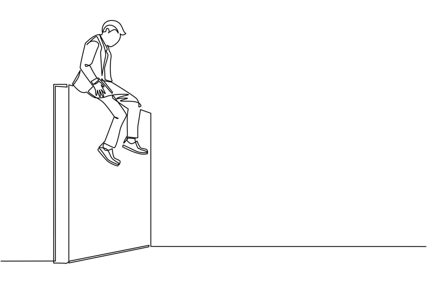 Continuous one line drawing businessman sad sitting on wall thinking of profit loss, crisis and financial losses in the trading market. Evaluation business concept. Single line draw design vector