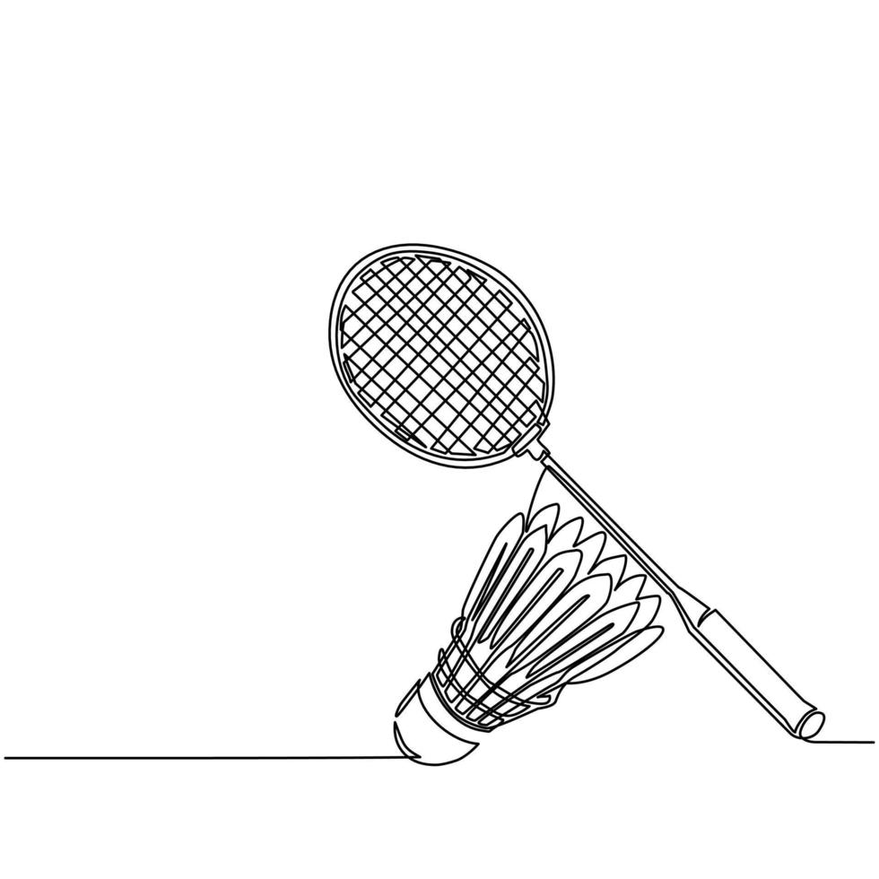 Continuous one line drawing badminton racket and white shuttlecock. Equipments for badminton game sport isolated on background in flat design. Racket and shuttlecock. Single line draw design vector