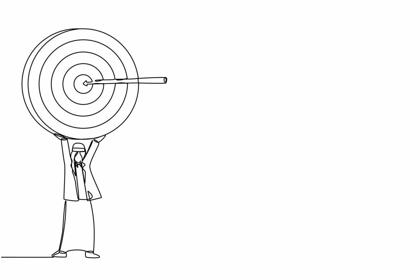 Continuous one line drawing Arabian businessman holding up big target with an arrow. Smart male manager with aim as symbol of having success idea. Single line draw design vector graphic illustration