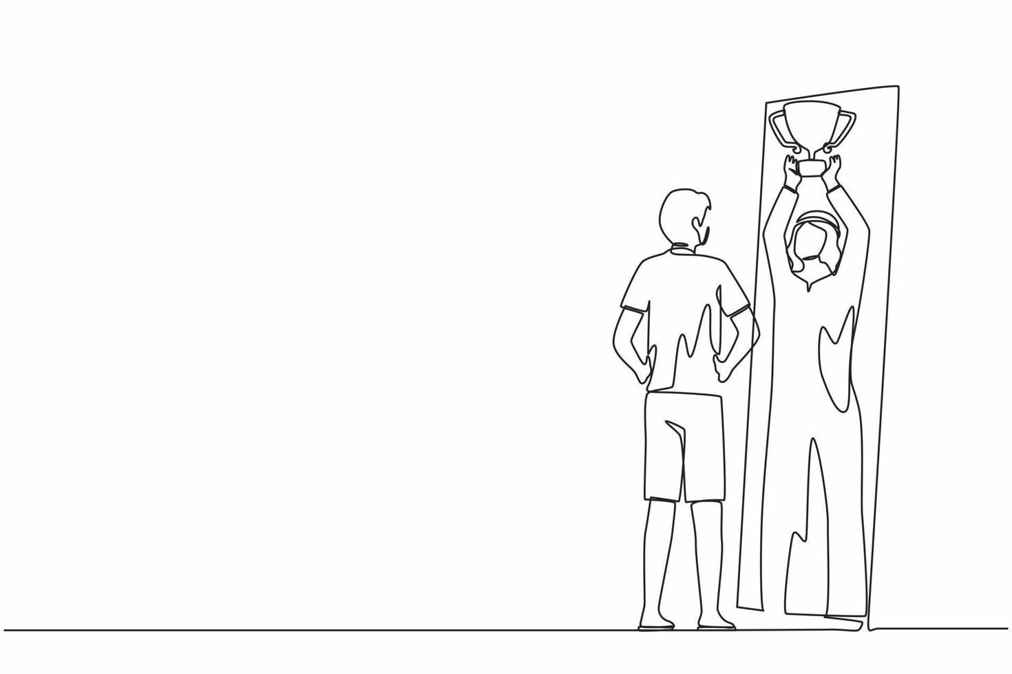 Single one line drawing guy standing in front of mirror looking at his reflection and imagine himself successful with lift up trophy cup. Narcissistic Arab man. Continuous line graphic design vector