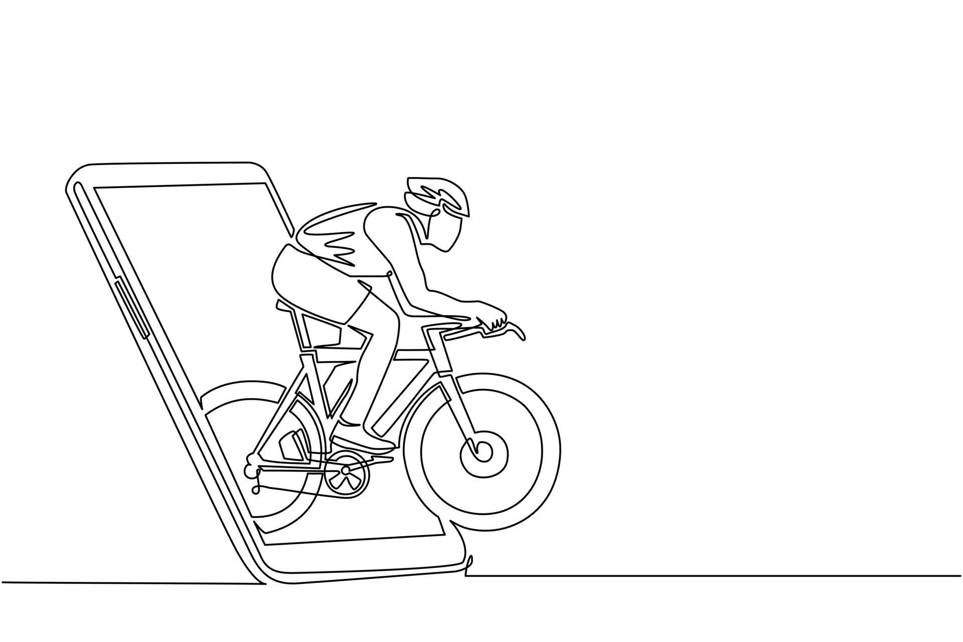 Single continuous line drawing man bicycle racer improve his speed at  training session getting out of smartphone screen. Mobile sport play  matches. Online bicycle game app. One line draw design vector 10336912