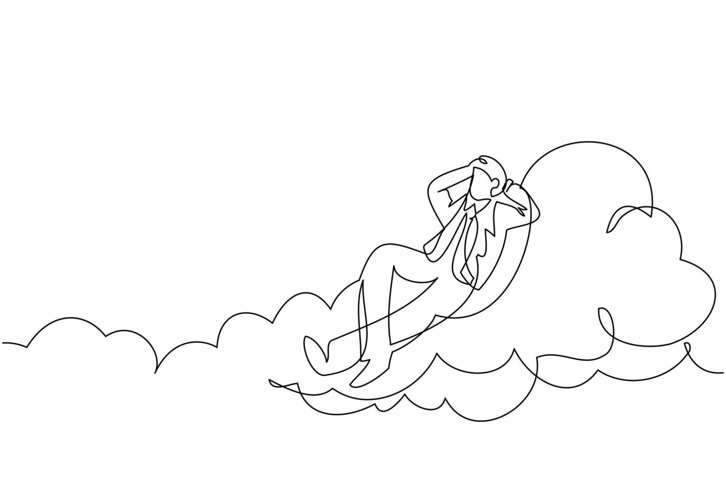Single one line drawing relaxed and successful businessman relaxing laying on clouds. Happy and enjoy male relaxation, vacation, take a break. Continuous line draw design graphic vector illustration