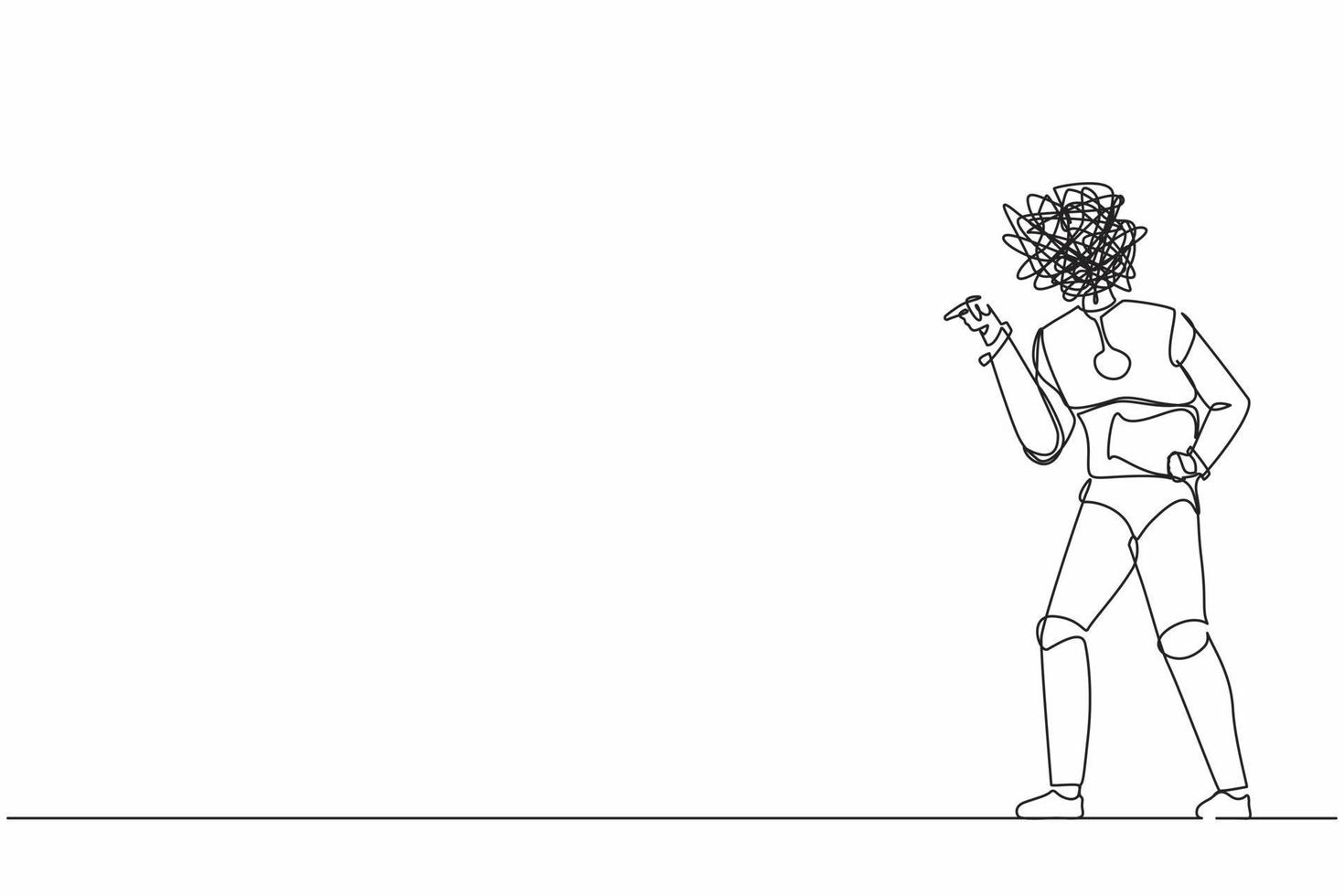 Single one line drawing robot with round scribbles instead of head, conflicting, fight aggressive. Blaming, criticizing. Humanoid robot cybernetic organism. Continuous line design vector illustration