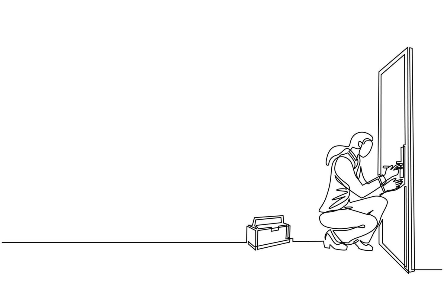 Single continuous line drawing businesswoman prying doorknob with