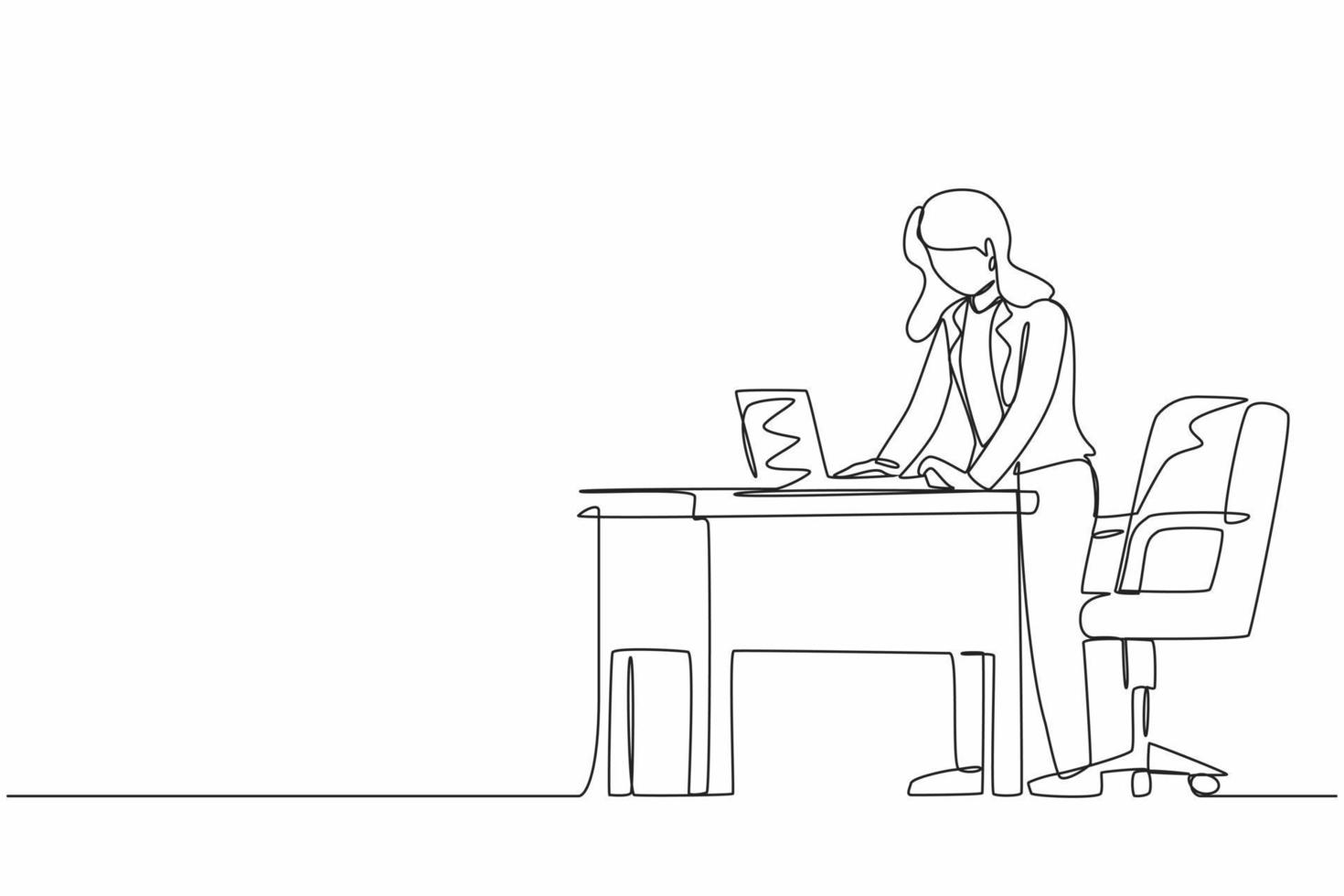 Single continuous line drawing woman employee working at ergonomic workstation. Office furniture with computer and laptop. Female standing on foot rest behind desk. One line draw graphic design vector