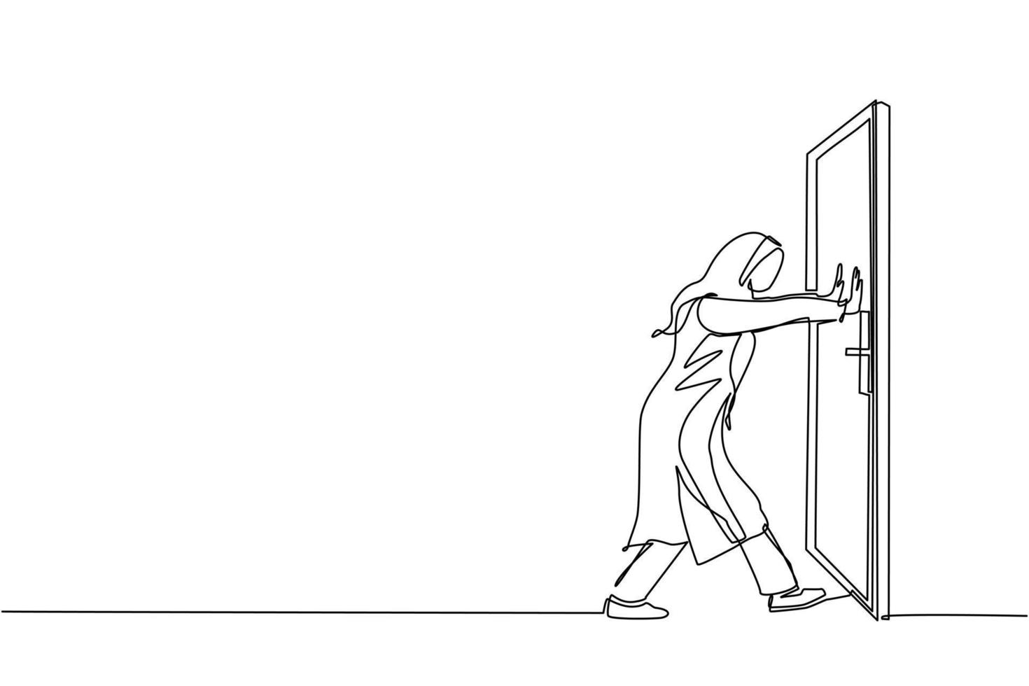 Continuous one line drawing Arabian businesswoman pushes closed door on white wooden door. Business struggles. Strength for success. Opening closed doors. Single line draw design vector illustration