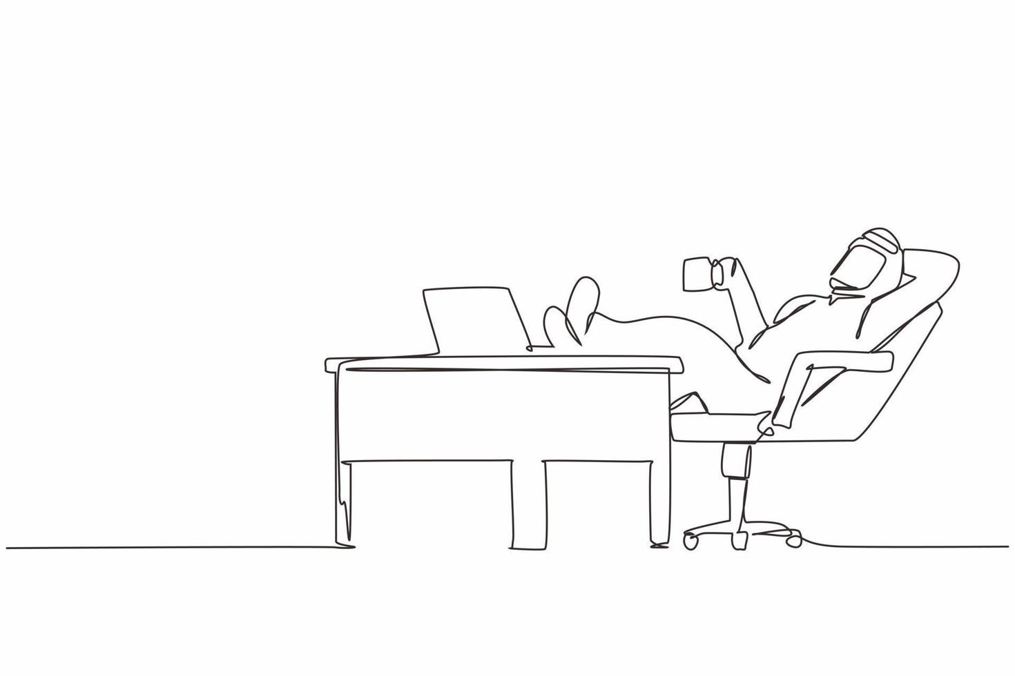 Single continuous line drawing Arab businessman work relaxed at desk and drink cup of coffee. Flat design of employee character working with laptop computer. One line draw graphic vector illustration