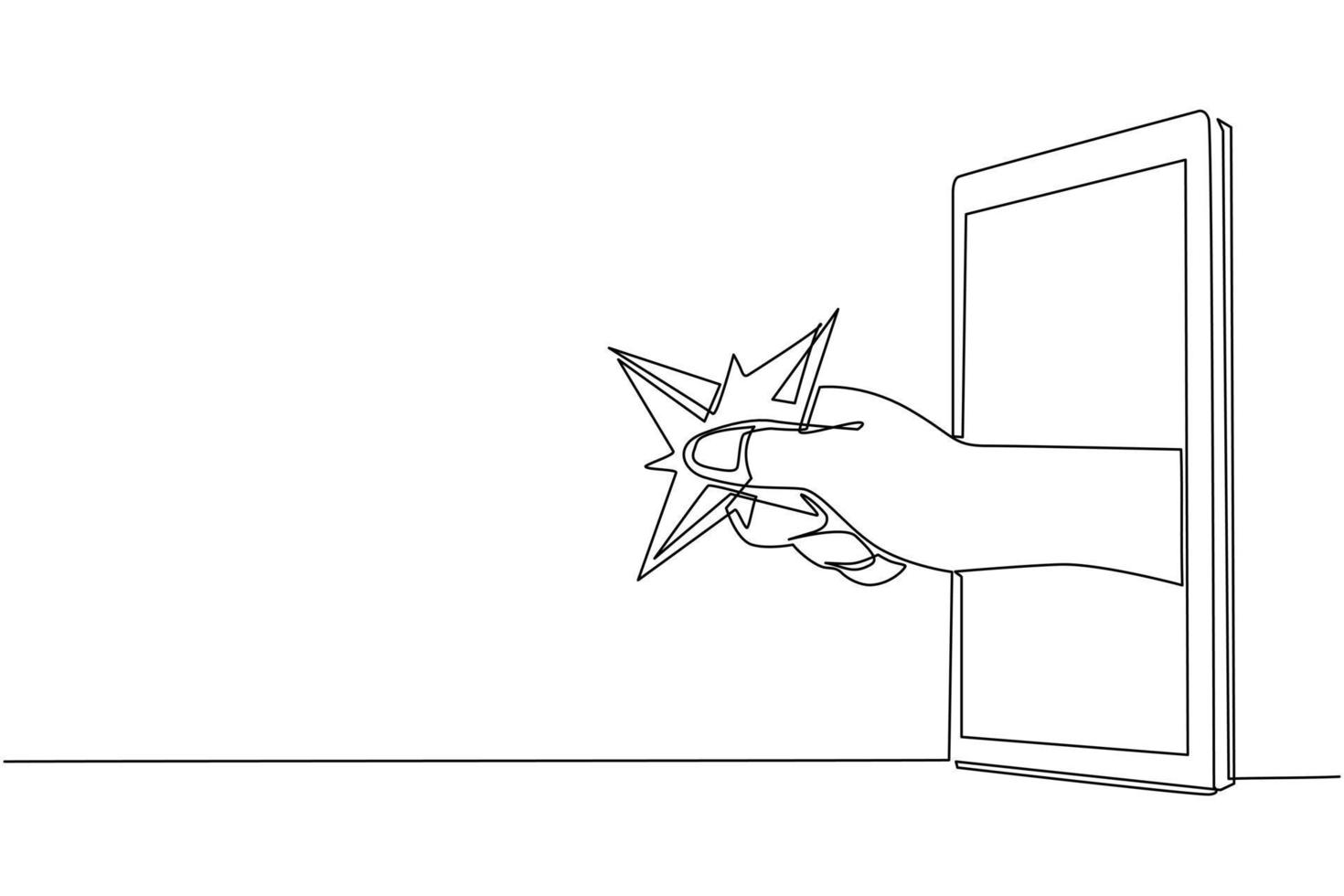mano de dibujo de una línea continua que sostiene la cuchilla shuriken a través del teléfono móvil. concepto de videojuegos ninja, e-sport, aplicación de entretenimiento para smartphones. gráfico vectorial de diseño de dibujo de una sola línea vector