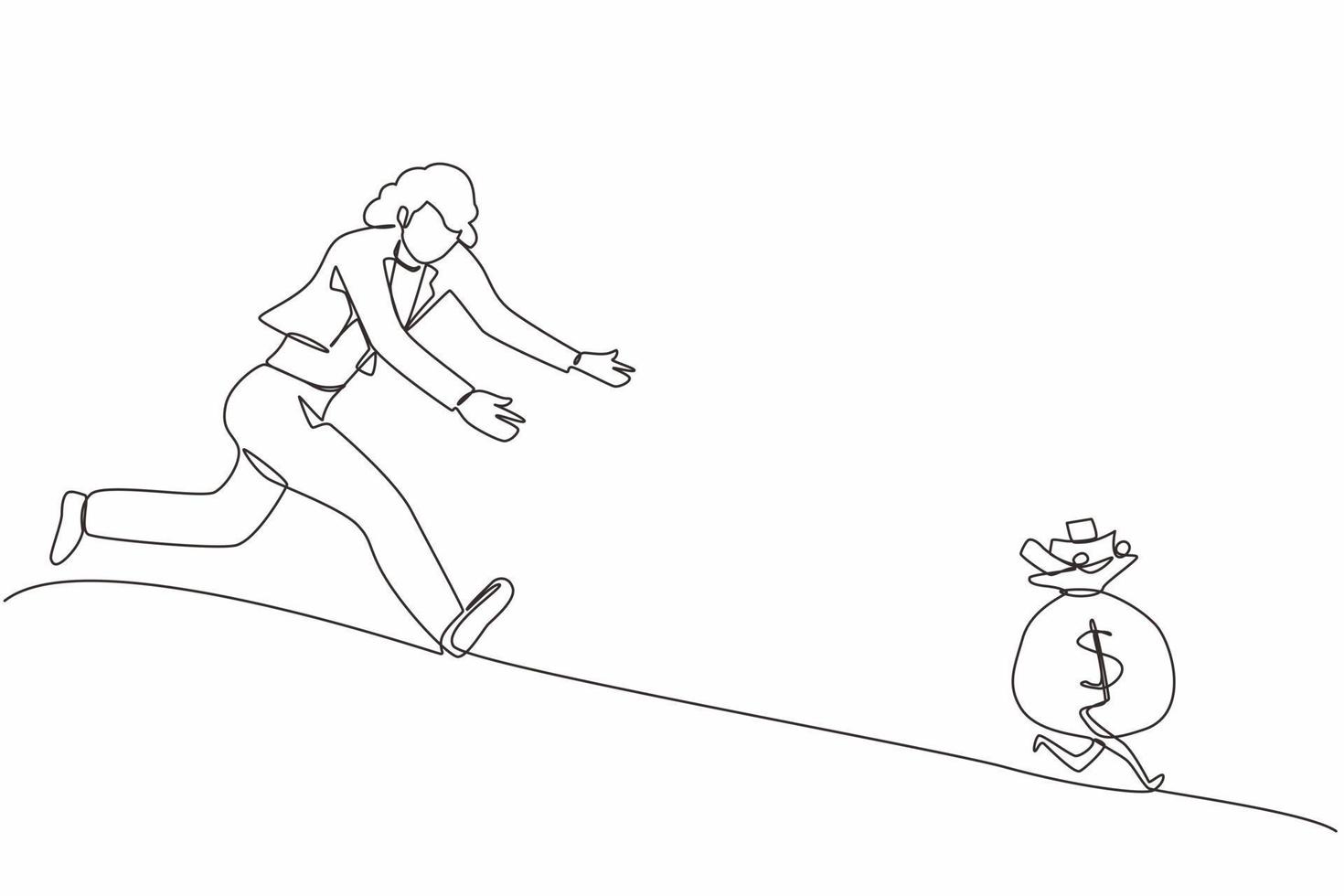 dibujo de una sola línea continua mujer de negocios persiguiendo bolsa de dinero dólar huir. concepto de lograr objetivos y ganancias, luchar por el éxito, correr por dinero. vector de diseño gráfico de dibujo de una línea