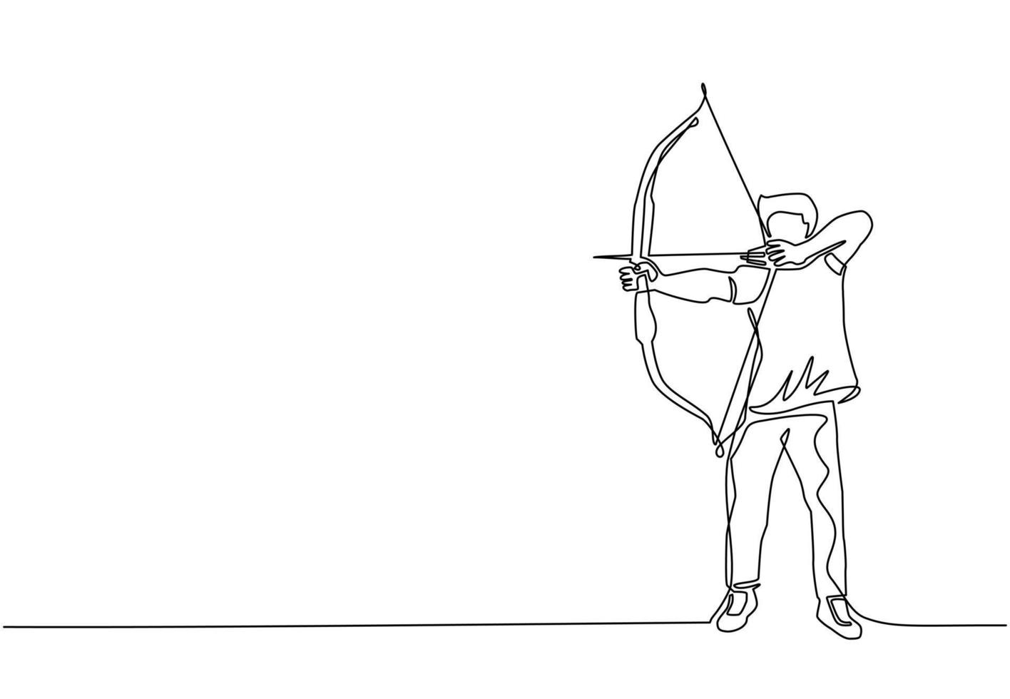 Single one line drawing man with bow and arrow. Male holding bow and arrow aiming to shoot. Archer with bow and arrow isolated. Part of set. Continuous line draw design graphic vector illustration