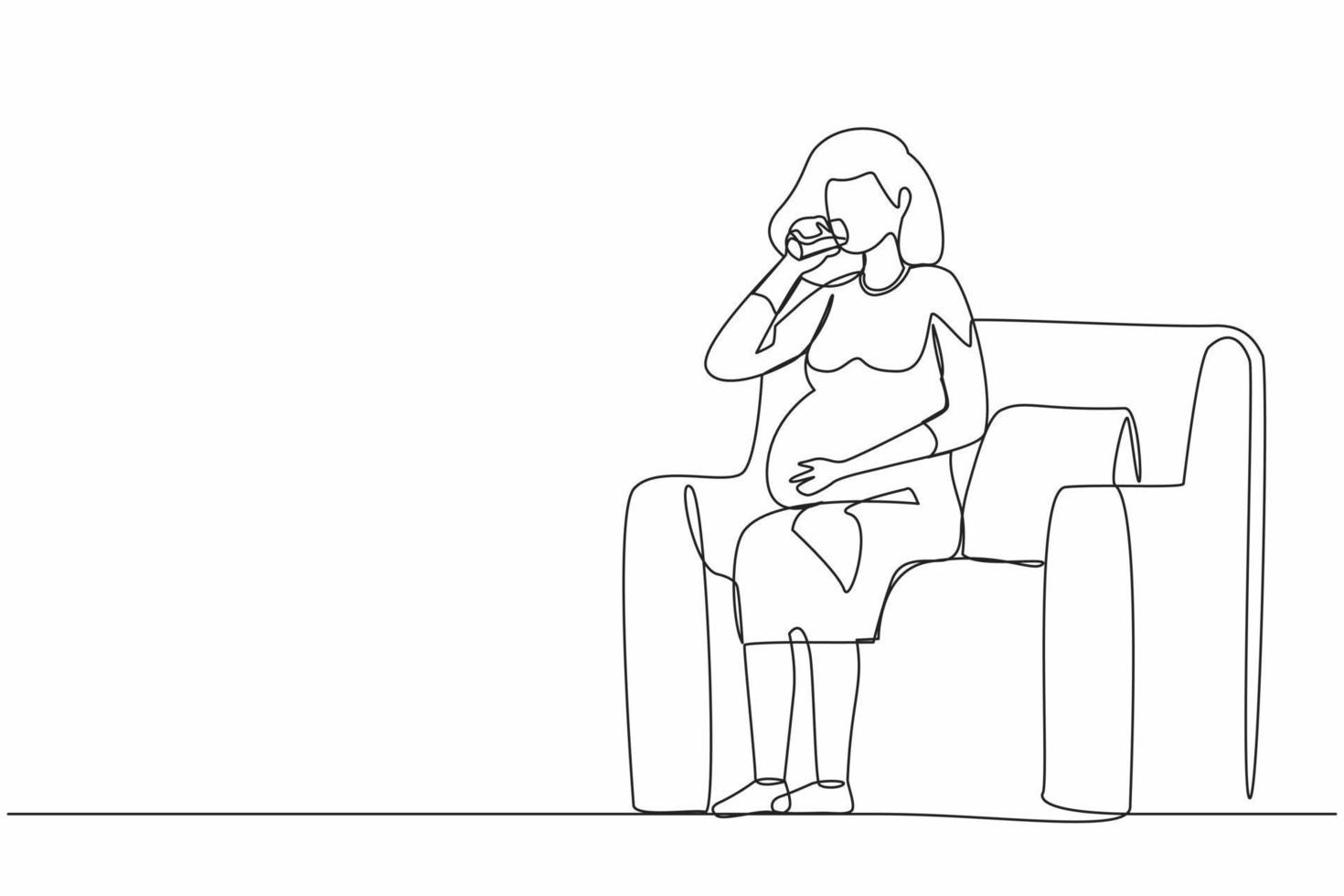 Single continuous line drawing pregnant woman drinking water sitting on sofa. Expectant lady have rest at home with glass. Pregnancy, healthcare, thirst concept. One line draw design graphic vector