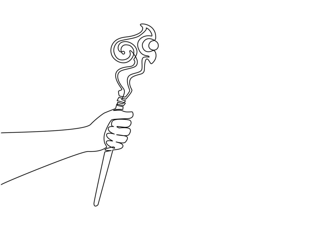 Single one line drawing hand holding wizards wooden staff. Bending stick witch magician halloween costume. Hand drawn black sketch outline engraving. Modern continuous line draw design graphic vector