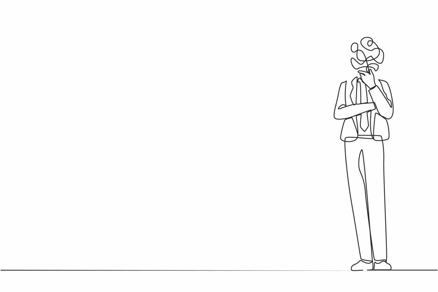 Single continuous line drawing businessman with round scribbles instead of a head. Male manager standing in thoughtful pose holding his chin thinking and finding answer. One line graphic design vector