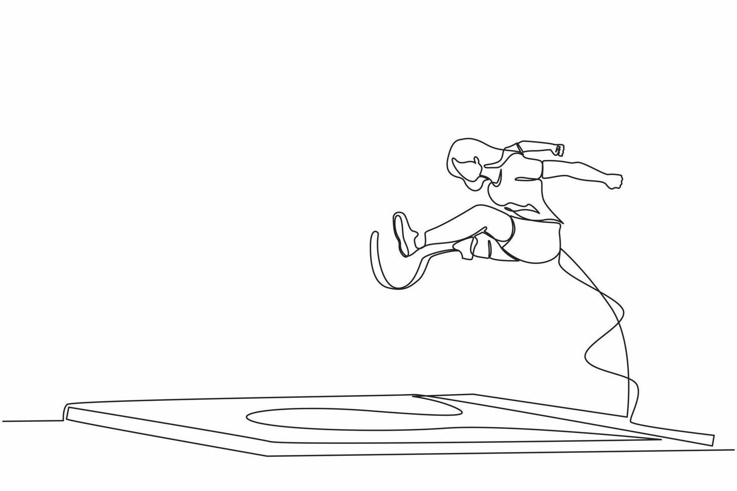 Single one line drawing female athlete amputee on prosthetic leg long jump competition at athletics. Long jump disability games. Disabled sport. Continuous line draw design graphic vector illustration