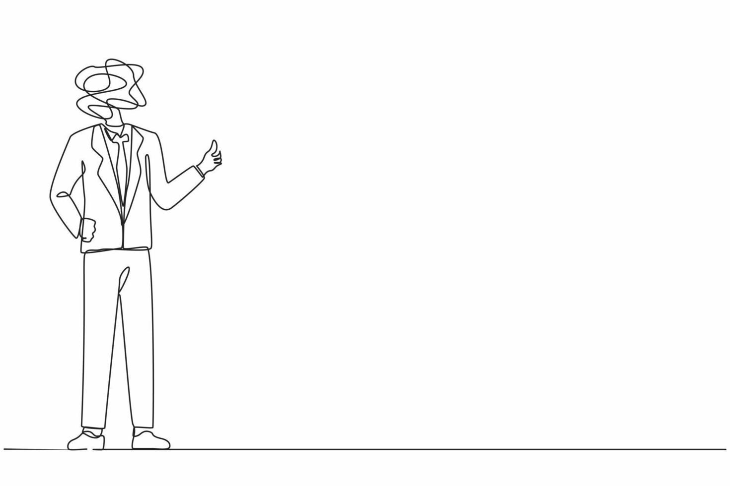 Continuous one line drawing businessman with round scribbles instead of a head. Male manager dressed in formal suit showing thumbs up sign. Deal, like, agree, approve. Single line draw design vector