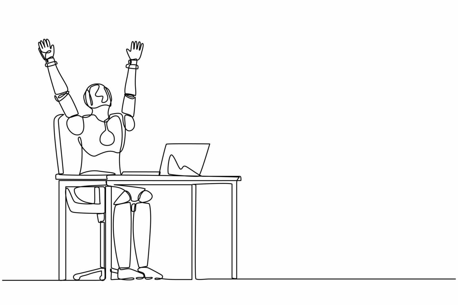 Single one line drawing happy robot at desk celebrating win with hands raised. Future technology development. Artificial intelligence and machine learning. Continuous line design vector illustration