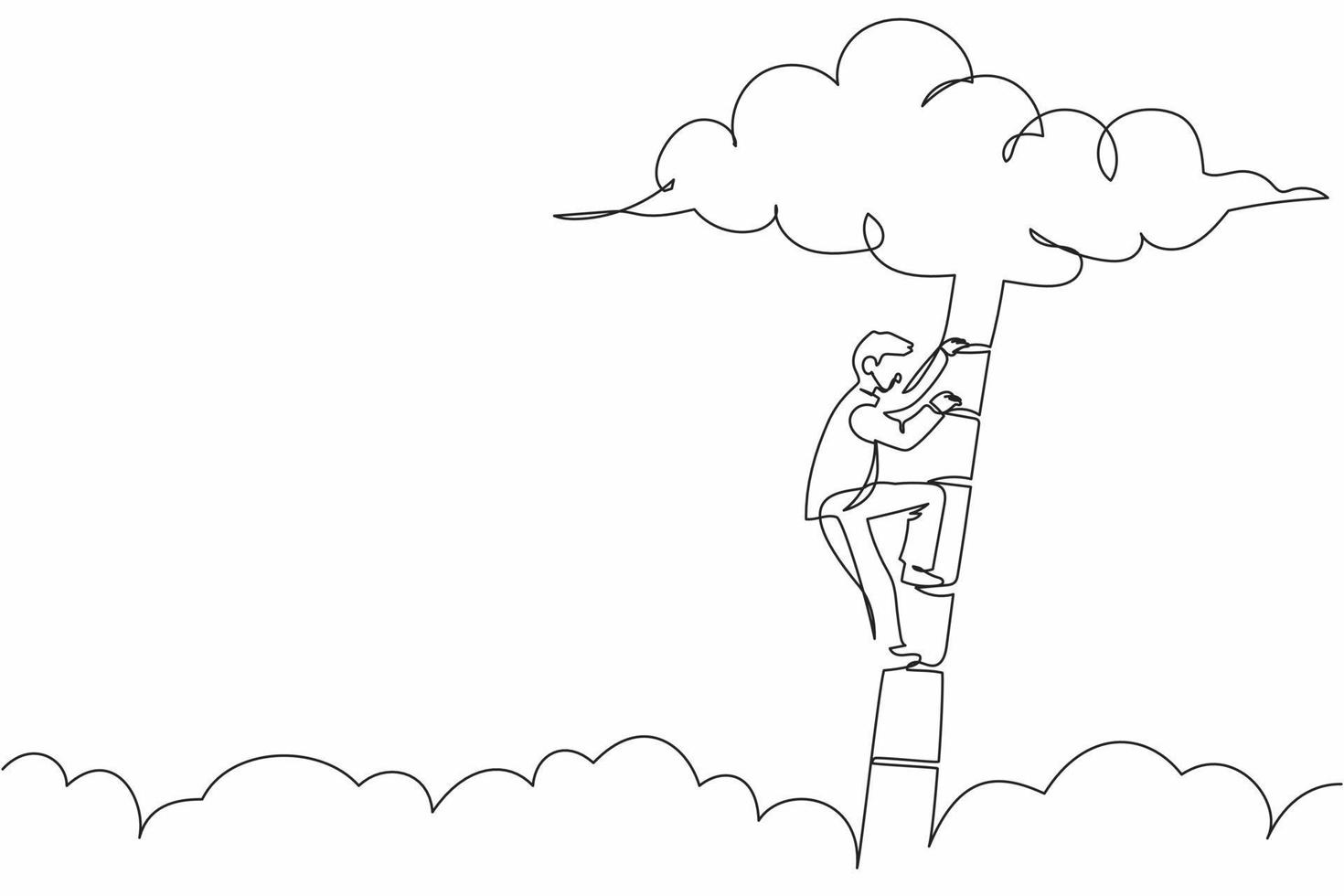 Single continuous line drawing businessman climbing up ladder to cloud. Successful manager rising business development. Professional growth promotion. One line draw graphic design vector illustration