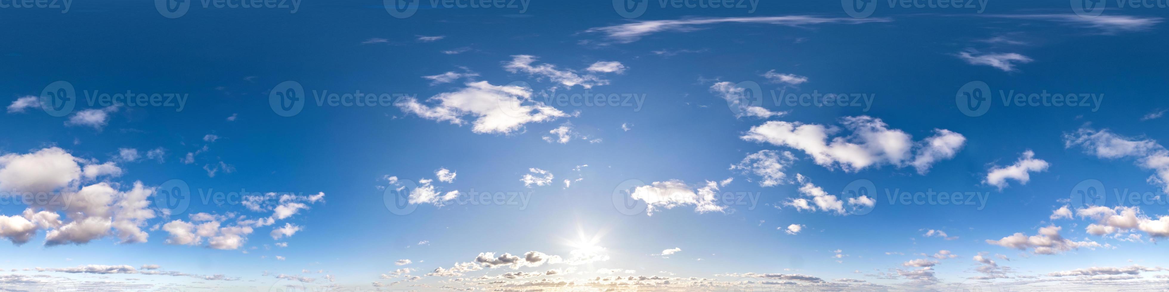 Seamless hdri panorama 360 degrees angle view blue sky with beautiful cumulus clouds with zenith for use in 3d graphics or game development as sky dome or edit drone shot photo