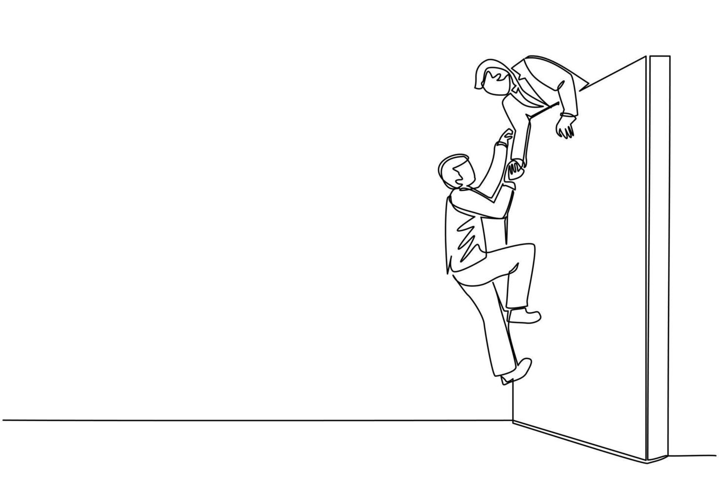 Continuous one line drawing businessman helping another businessman climb wall. Confident successful leading businessman helping another one to get over brick wall. Single line draw design vector