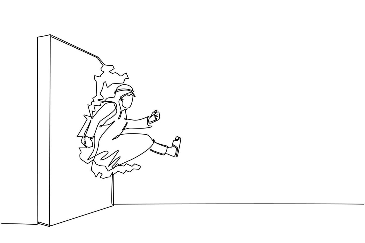 Continuous one line drawing Arabian businessman run and breaking through brick wall. Leadership concept. Business concept of obstacle and solution. Single line draw design vector graphic illustration